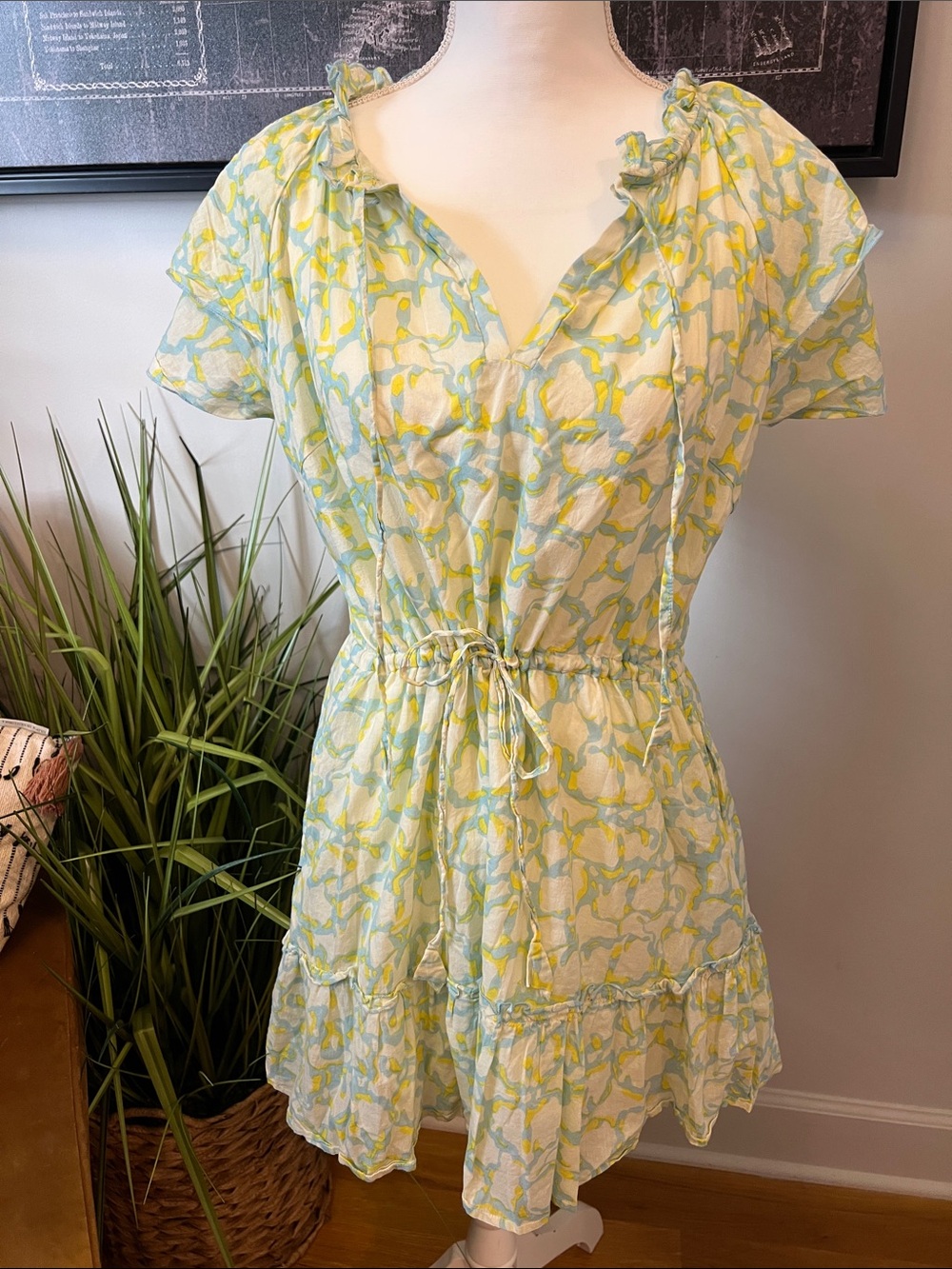 Light Blue & Yellow Floral Tie-Waist Women's Dress